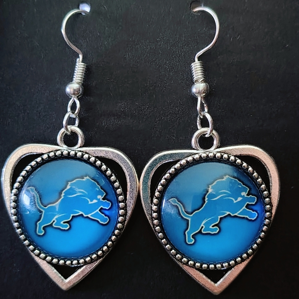 Detroit Lions NFL Football Team Blue Heart Drop Handmade Earrings